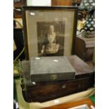 A brass bound writing box, a Masonic apron and accompanying photograph.