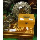 Inlaid box, a USSR mantel clock, Mauchlineware box and a pair of brass bound oak salts.