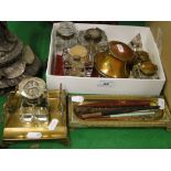 A brass pen tray, ink stand, and various cut-glass inkwells, etc.