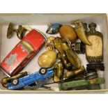 Toy cars, miniature brass animals, vesta case, etc.