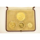 George VI gold specimen coin set, Coronation year, 1937, comprising £5, double sovereign, sovereign,