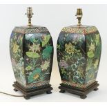 Pair of Chinese famille noir lidded vases, converted to table lamps,