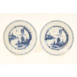 Pair of Dutch delft plates, circa 1740-60, each decorated with a chinoiserie river landscape, 23.