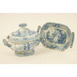 John Rogers & Sons blue and white printware covered sauce tureen on stand in the Drama pattern,