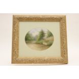 Porcelain plaque, hand decorated with a view of a country lane, framed and glazed, 15.5cm x 12.