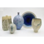 Small group of studio ceramics comprising a porcelain slab vase,