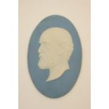 Wedgwood light blue jasper cameo plaque, having the profile of Henry George in low relief,