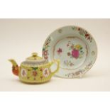 Chinese famille rose small dish, 18th Century, 16cm; also a Chinese famille rose small teapot,