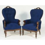 Pair of William IV walnut and upholstered spoon back armchairs, circa 1835-40,