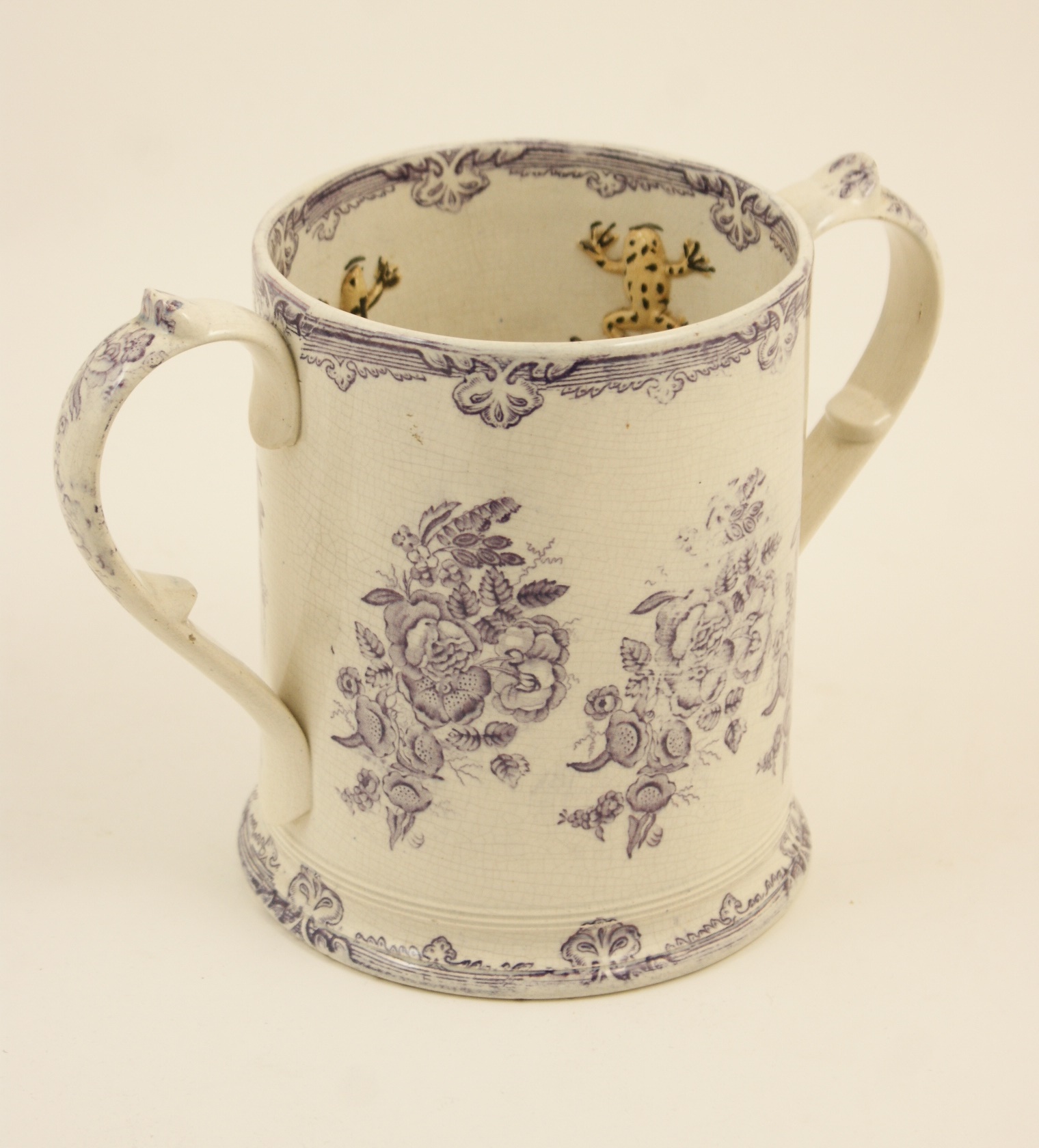 Early Victorian Staffordshire blue and white printware loving cup,