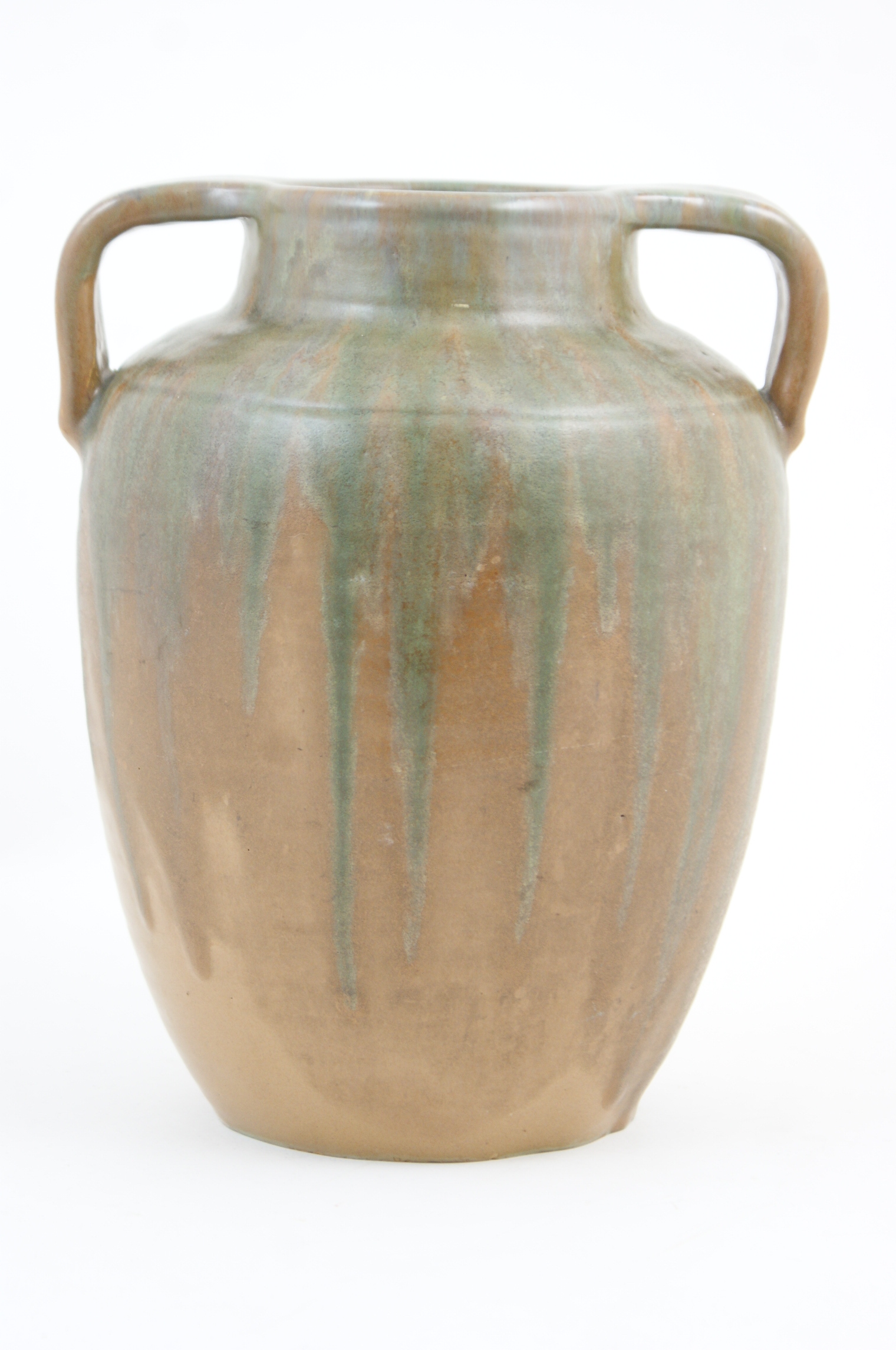 Upchurch studio pottery vase, twin handled ovoid form decorated with a streaked brown,