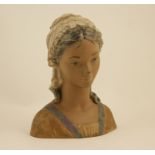 Lladro stoneware bust of a peasant girl, decorated in naturalistic colours, blue printed mark,