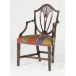 Hepplewhite style mahogany carver chair, 19th Century, shield shaped back and open arms,