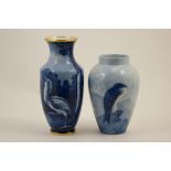 Limoges blue and white porcelain vase, shouldered ovoid form decorated with a night heron stalking,