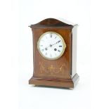 Edwardian mahogany and inlaid mantel clock, French movement signed Japy Freres, striking on a gong,