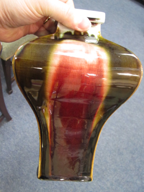 Chinese flambe inverted baluster vase, square section decorated with streaked red, - Image 6 of 6