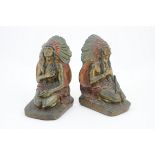 Pair of cold painted copper bookends modelled as Native American Indian chiefs by J L Lambert,