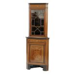 Late Victorian mahogany and inlaid freestanding corner cupboard, circa 1895,