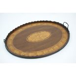 Edwardian mahogany and inlaid serving tray, with brass carrying handles,