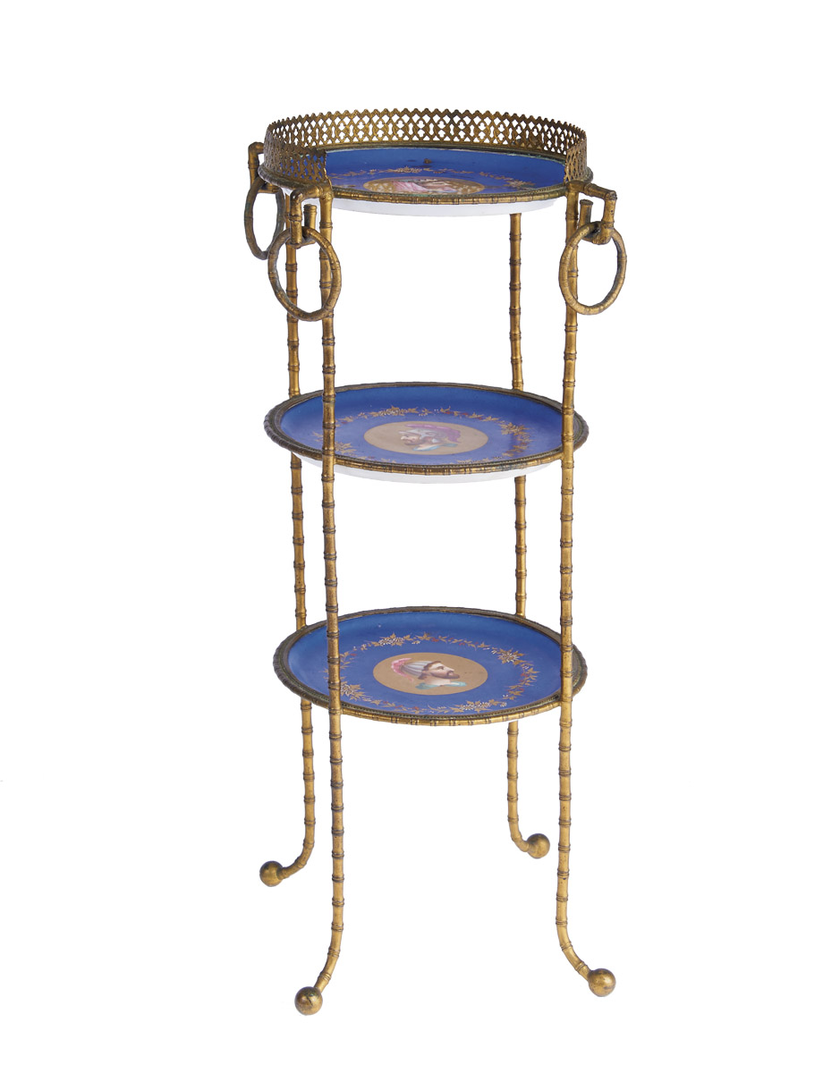 A Small Étagère,gilt metal en relief simulating bamboo, porcelain bases, polychrome and gilt - Image 2 of 2