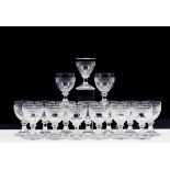 Sixteen Stemmed Glasses,cut and moulded crystal, five of anterior manufacture (19th C.), possibly by