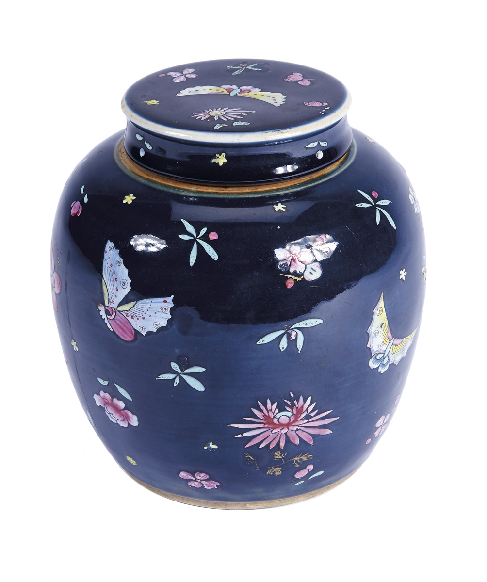 A Covered Pot,Chinese porcelain, polychrome decoration "Butterflies and flowers" on blue