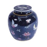 A Covered Pot,Chinese porcelain, polychrome decoration "Butterflies and flowers" on blue