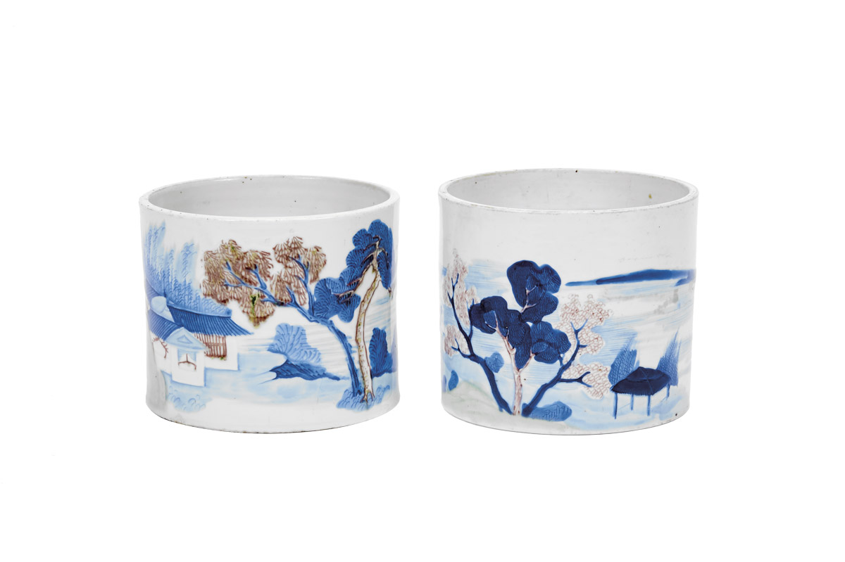 Two Brush Holders,Chinese porcelain, blue and brown decoration "Oriental landscape", Daoguang period