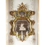 A Pair of Three-light Wall Sconces,Venetian, carved, painted and gilt wooden frames, engraved