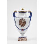 A Covered Urn,Chinese export porcelain, blue, sepia and gilt decoration en relief "Garlands",