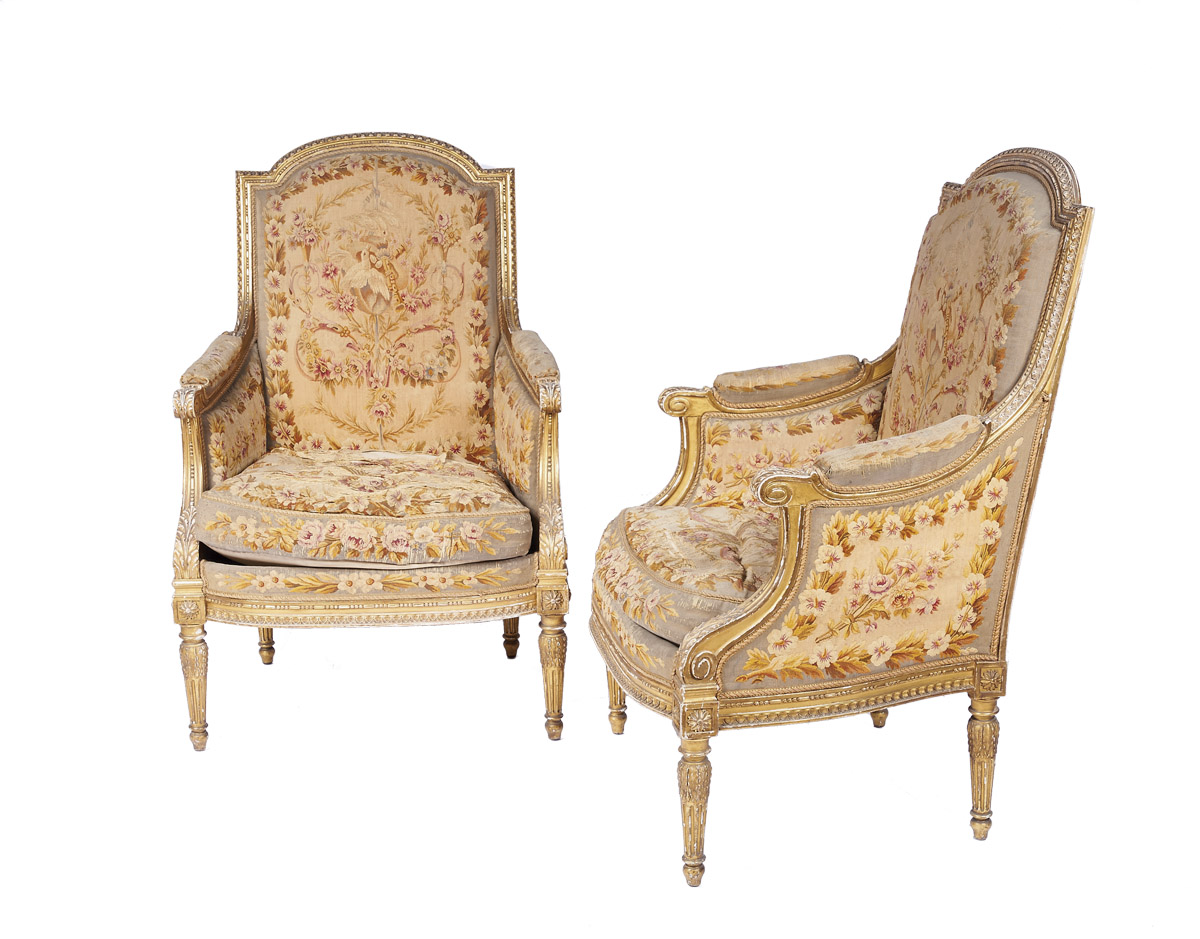 A Pair of Bèrgeres "à la reine",Louis XVI manner, carved and gilt wood, Aubusson tapestry upholstery