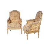 A Pair of Bèrgeres "à la reine",Louis XVI manner, carved and gilt wood, Aubusson tapestry upholstery