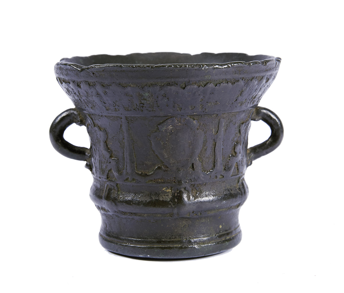 A Two-handle Mortar,bronze, decoration en relief "Cartouches and foliage" Dim. - 10 cm