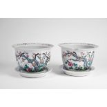 A Pair of Cachepots with Stands,Chinese porcelain, polychrome decoration "Birds and flowers",