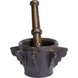 A Mortar with Pestle, bronze, "ribbed" decoration en relief, Iberian, 16th C., signs of use Dim. - 9