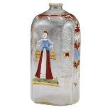 A Flask, painted glass, polychrome decoration "water carrier " and "Flowers", Bohemia, 18th C.,
