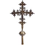 A Precessional Cross, gothic, bronze, front with sculpture "Crucified Christ", back with medallion