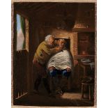 NICOLAS DELERIVE - 1755-1818, The Barber, oil on board, small restoration, signed Dim. - 16 x 13 cm
