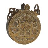 A Powder Flask, brass en relief, North Africa, 19th C., missing cover, signs of use, wear and tear