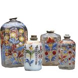 Four different Flasks, blown and moulded glass, polychrome decoration "Flowers", one with milky