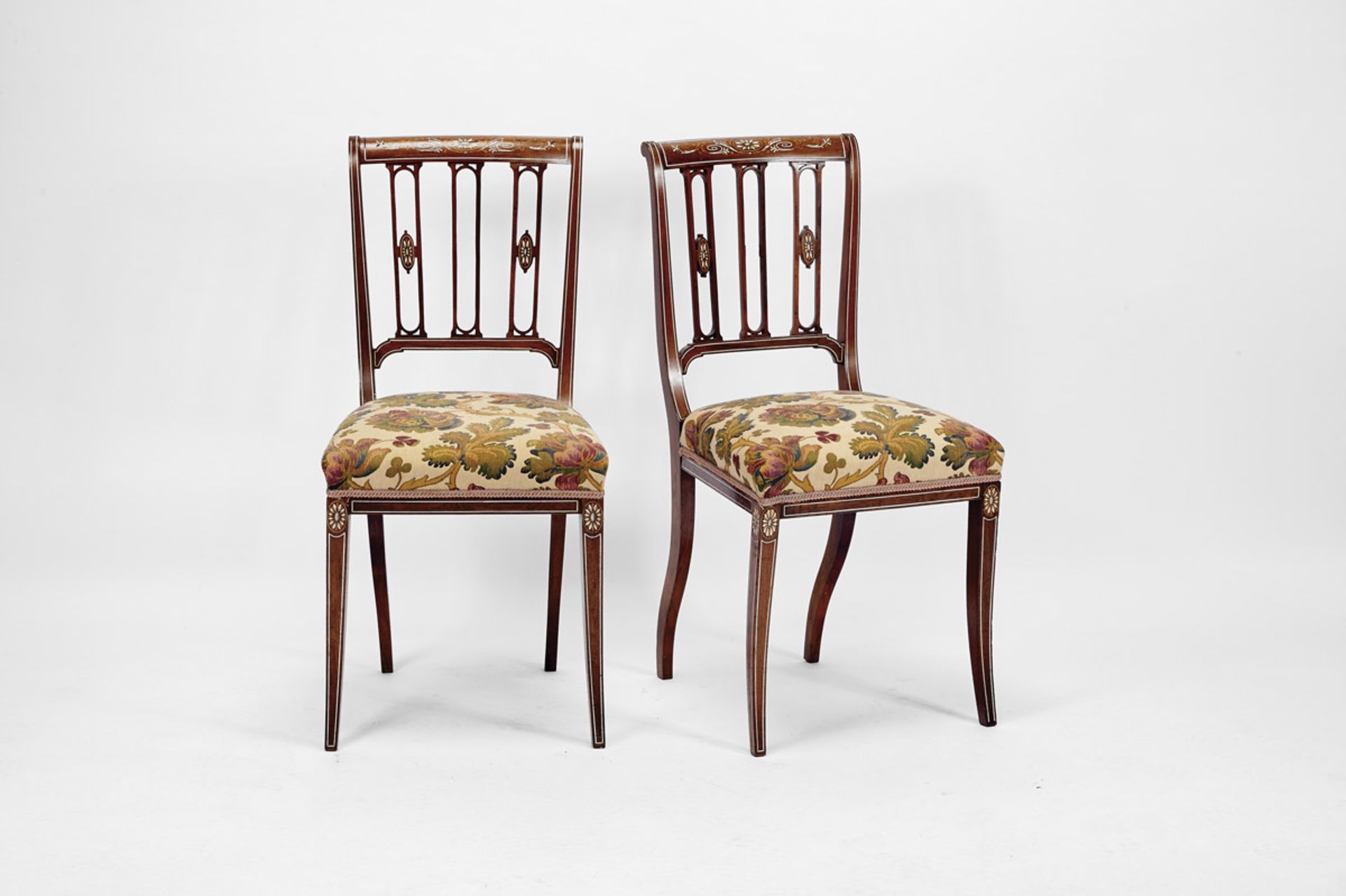 A Pair of Chairs, Edwardian, Brazilian rosewood and burr-Brazilian rosewood veneer, satinwood and