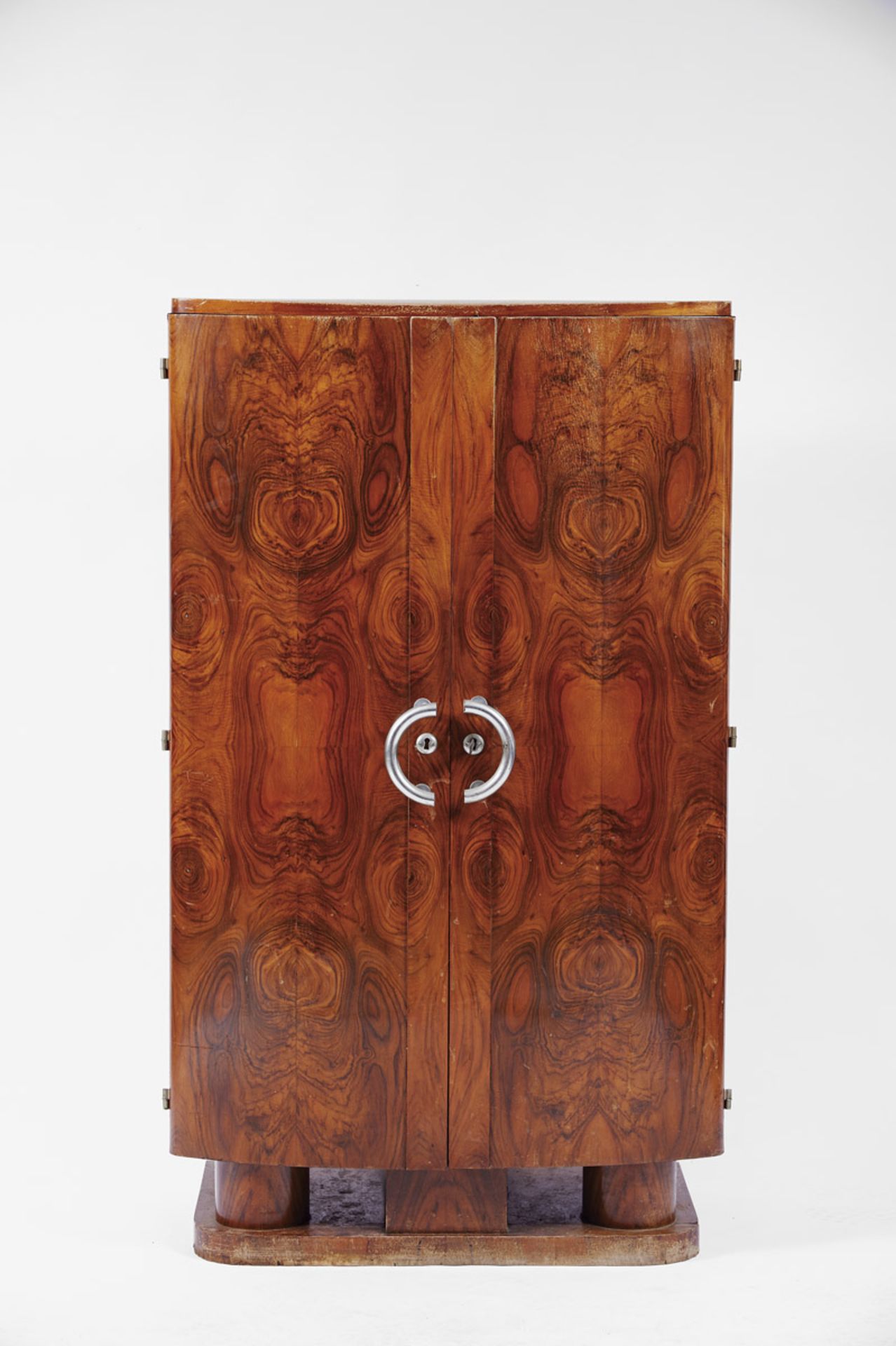 A Tallboy, Art Deco, burr-walnut veneer, chromed metal handles, European, 20th C. (1st half),