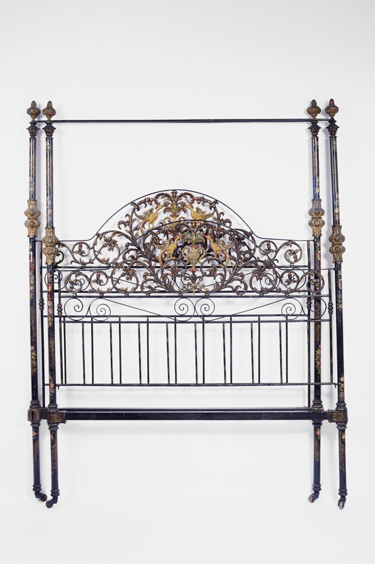 A Canopy Double-Bed, painted iron and copper en relief, polychrome decoration "Flowers", Portuguese,