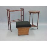 A Victorian mahogany towel rail, brass-mounted occasional table and an upholstered box-stool