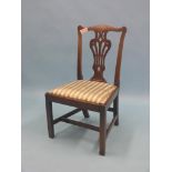 A Chippendale period mahogany dining chair, with interlaced splat and plain square legs, drop-in