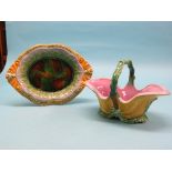 A Victorian majolica basket, leaf-moulded with loop handle, 12.5in., and a similar dessert dish,