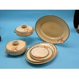 Clarice Cliff, Ravel, part dinner set including three serving plates and pair of covered tureens,