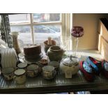 Two Royal Doulton stoneware jars, other teaware, two pairs of embroidered slippers, etc.