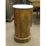 A Victorian burr walnut bedside cupboard, cylindrical-shape with marble top, single cupboard door,