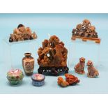 Five Oriental soapstone carvings, pair of Satsuma Dogs of Fo, similar miniature vase and two small